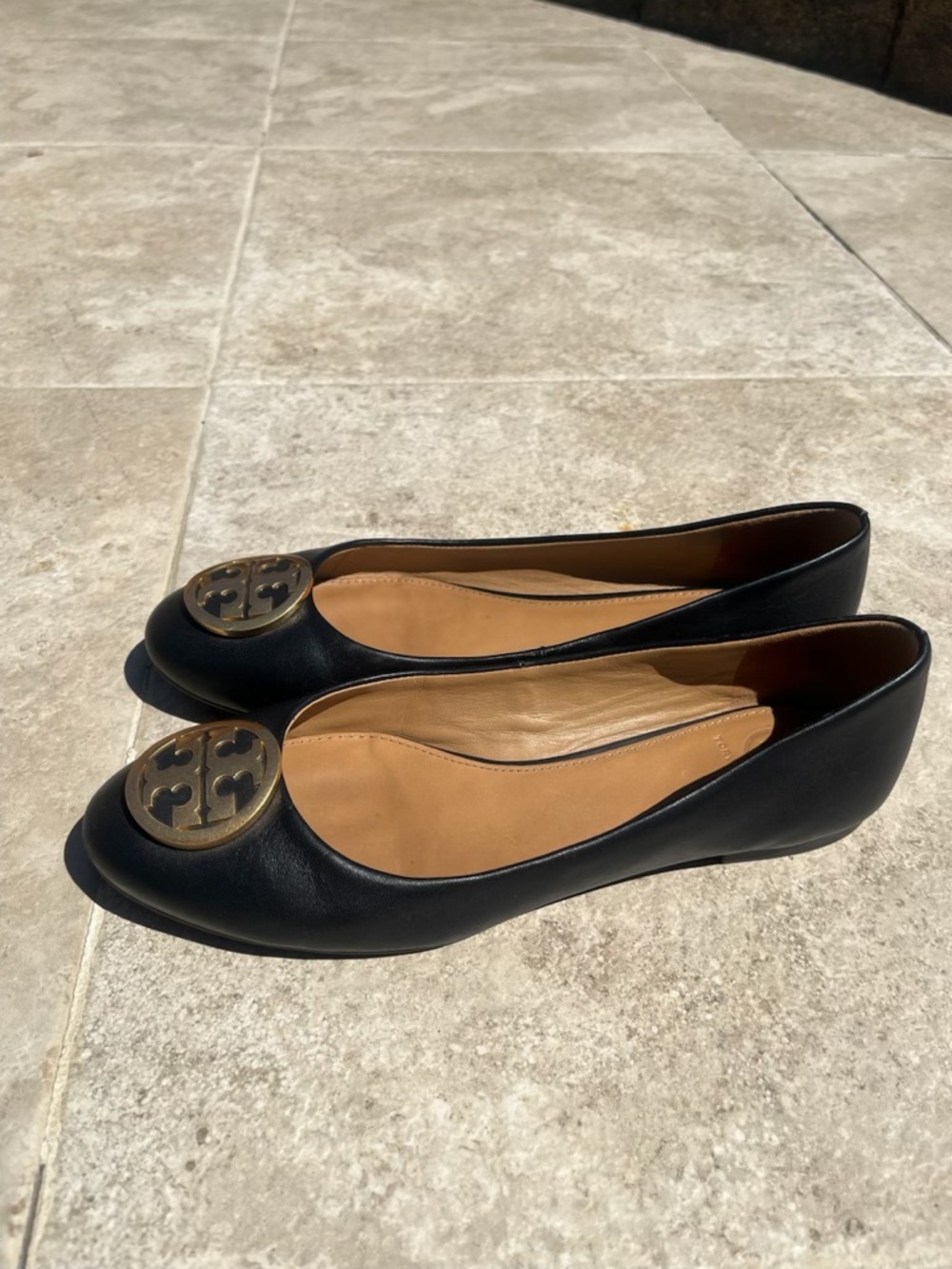 Tory Burch Black Leather Flats with Gold Logo Medallion